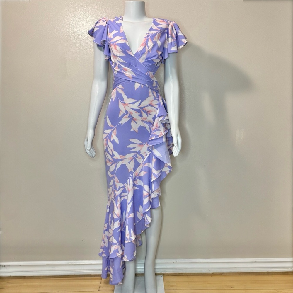 Purple pink asymmetrical hem with ruffles cutout maxi dress